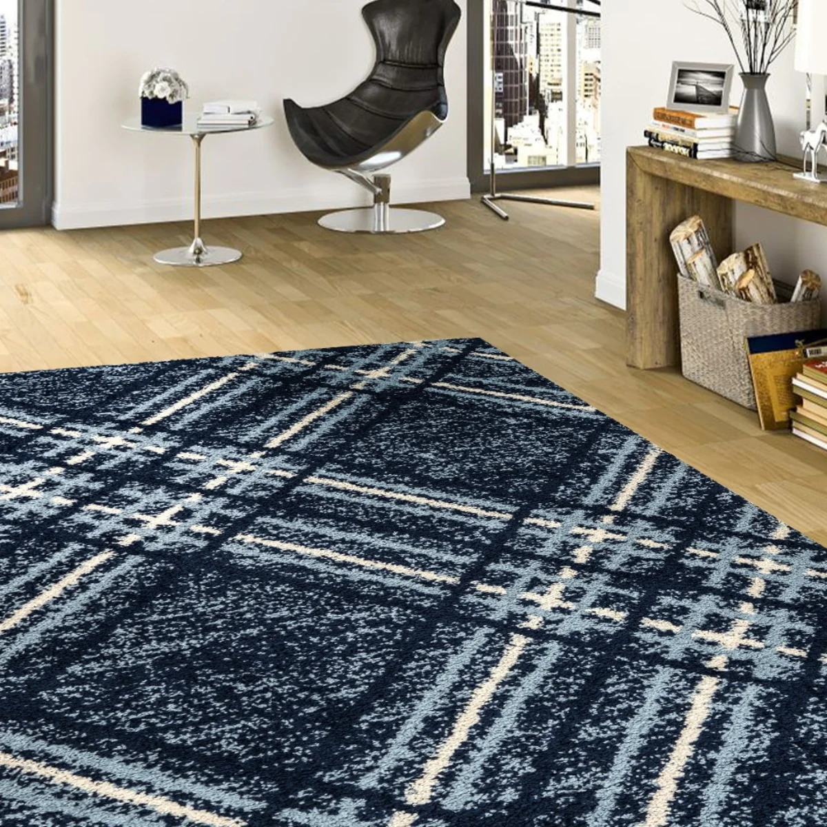 Blaze Blue Check Shaggy Rug - Image 2