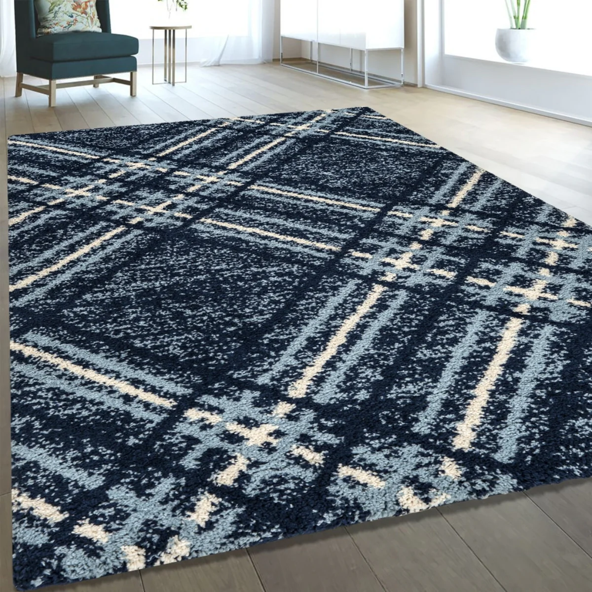 Blaze Blue Check Shaggy Rug - Image 3