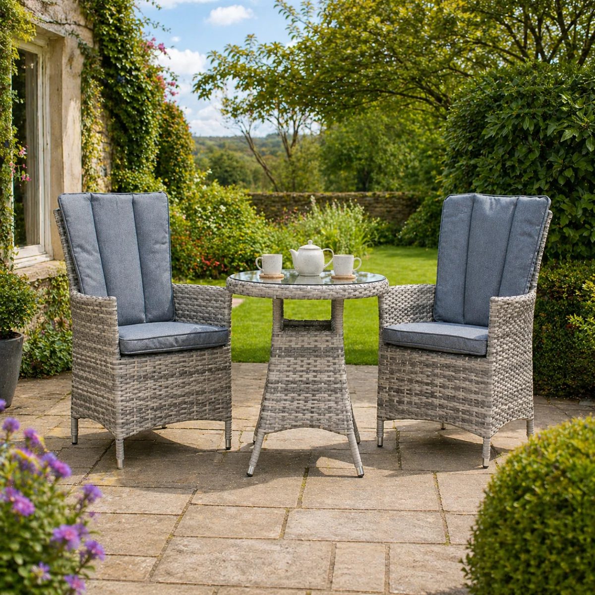 Portofino Grey Rattan 3 Piece Bistro Set with Cushioned Chairs - Image 5