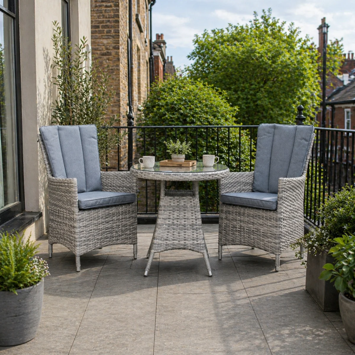 Portofino Grey Rattan 3 Piece Bistro Set with Cushioned Chairs - Image 7