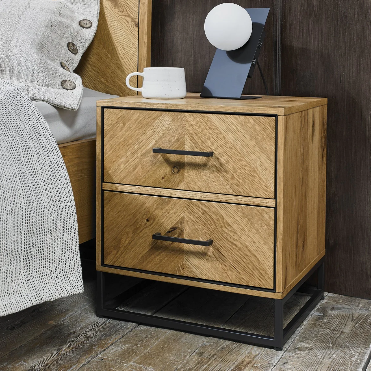 Riva Rustic Oak and Metal 2 Drawer Nightstand - Image 4
